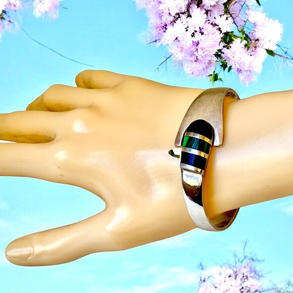 Sterling Silver 925 Bracelet Malachite + Onyx Hinged Bracelet Taxco Mexico 52 gr - Picture 16 of 16